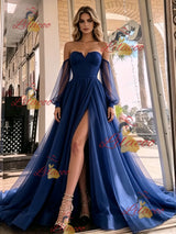 Navy Blue Tulle Long Sleeve Prom Dress