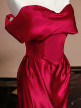 Burgundy Satin Off the Shoulder Pleats Prom Dress