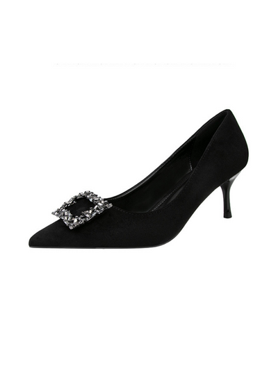 Suede Pointed Diamond Square Buckle Shoes