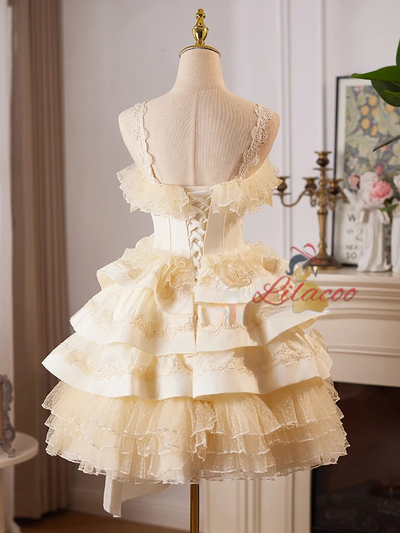 Champagne Satin Flower Homecoming Dress