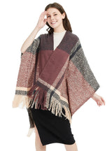 Plaid Split Shawl Fringed Scarf Cloak