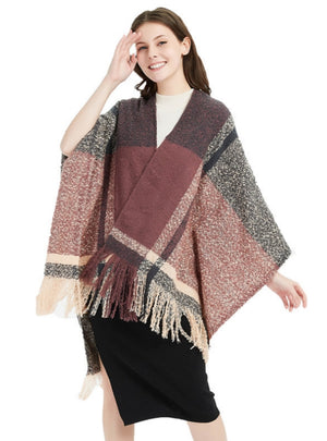 Plaid Split Shawl Fringed Scarf Cloak