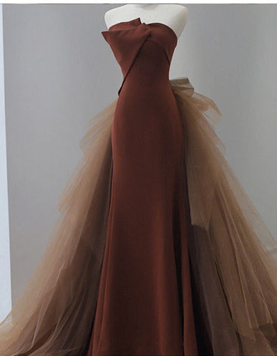 Sexy Caramel Mermaid Tulle Strapless Prom Dress