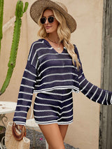 V-neck Hooded Loose Stripe Two-piece Suit