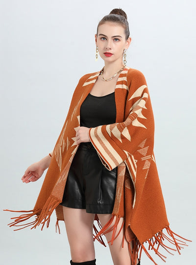 Loose Jacquard Knit Cardigan Fringed Shawl