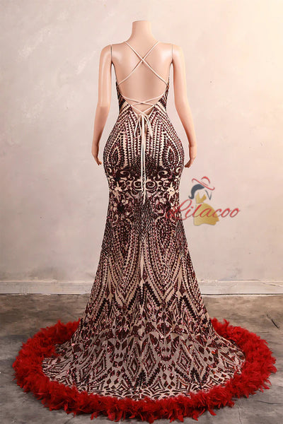 Burgundy Mermaid Sequins Feather Prom Dress
