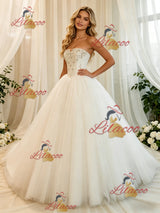 White Tulle Strapless Beading Wedding Dress