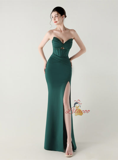 Mermaid Strapless Pleats Beading Prom Dress