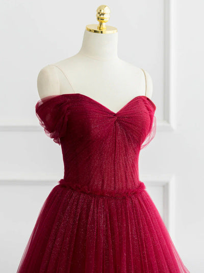 Burgundy Tulle Pleats Off the Shoulder Prom Dress