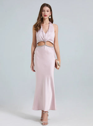 Satin V-neck Drill Chain Slim Dress