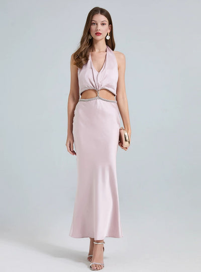 Satin V-neck Drill Chain Slim Dress