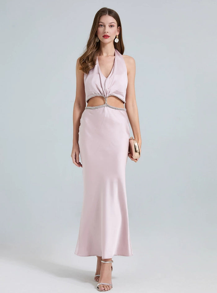 Satin V-neck Drill Chain Slim Dress