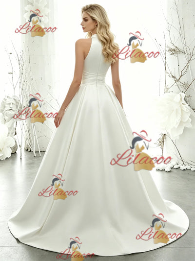 White Satin Halter Wedding Dress