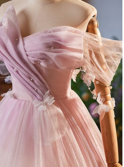 Pink Tulle Pleats Butterfly Prom Dress