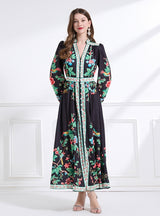 V-neck Floral Printed Lantern Sleeve Ruffled Dress