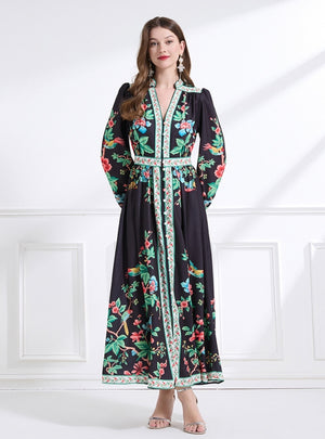 V-neck Floral Printed Lantern Sleeve Ruffled Dress