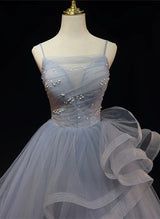 Gray Tulle Straps Pleats Pearls Prom Dress