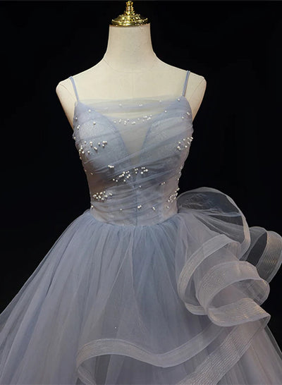 Gray Tulle Straps Pleats Pearls Prom Dress