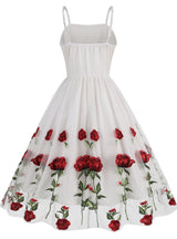 Retro Suspender Mesh Rose Embroidery Dress