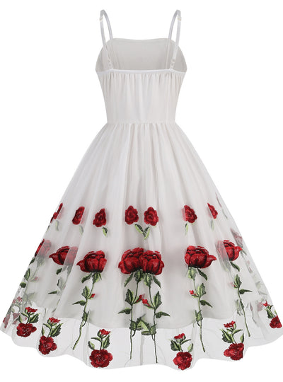 Retro Suspender Mesh Rose Embroidery Dress