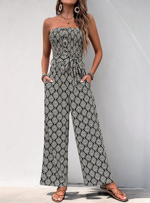 Pleats Printed Strapless Jumpsuit