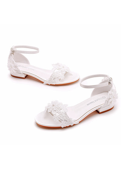 2 cm Square Bridal White Lace Flower Sandals