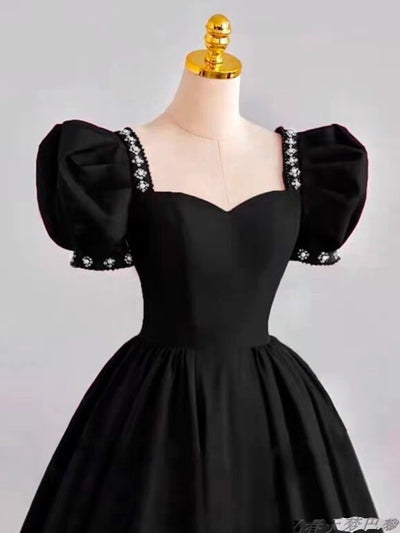 Black Square Puff Sleeve Beading Prom Dress