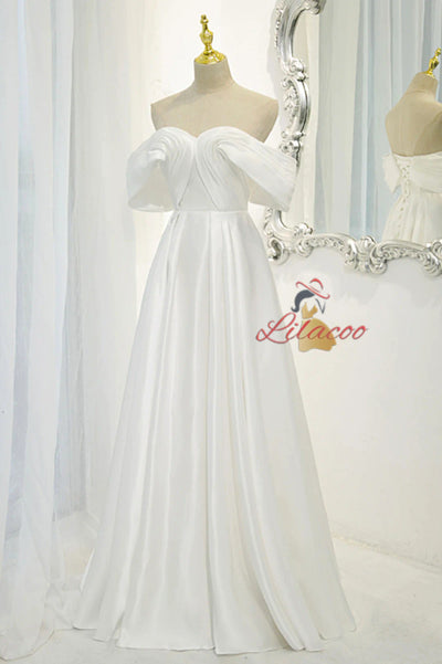 White Satin Off the Shoulder Pleats Wedding Dress