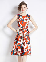 Slim Waist Sleeveless Printed Dress