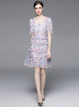 Square Neck Chiffon Floral Cake Dress