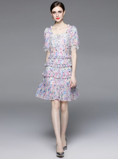 Square Neck Chiffon Floral Cake Dress