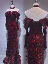 Burgundy Mermaid Sequins Velvet Prom Dress