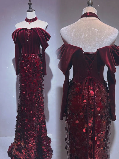 Burgundy Mermaid Sequins Velvet Prom Dress
