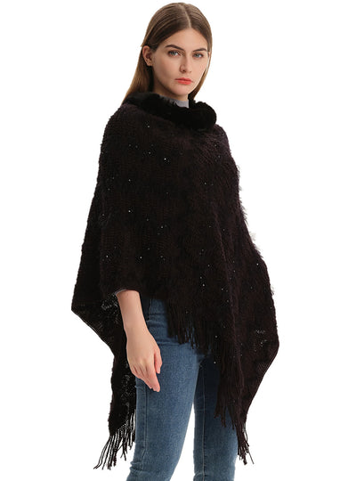 Sequined Solid Color Pullover Knitted Cloak