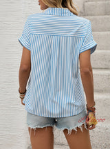 Spliced Lapel Striped Top Shirt