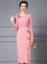 Pink Long Sleeve Flower Mother Of The Bride Dress