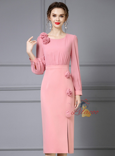 Pink Long Sleeve Flower Mother Of The Bride Dress