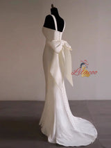 White Satin Straps Pleats Wedding Dress