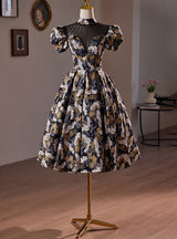 Black Puff Sleeve Backless Beading Homecoming Dress