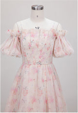 Strap Off-the-shoulder Bubble Sleeve Floral Dress