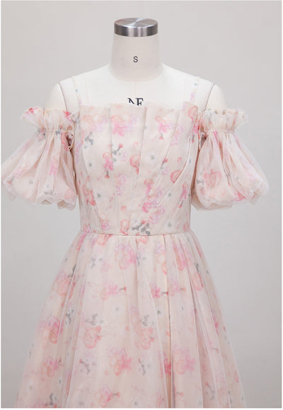 Strap Off-the-shoulder Bubble Sleeve Floral Dress