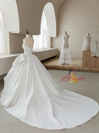 Simple White Satin Tulle Strapless Wedding Dress