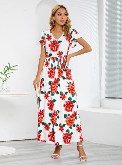 Short-sleeved V-neck Rose Print Dress