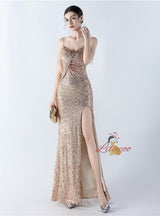Sequins Straps Beading Split Prom Dress