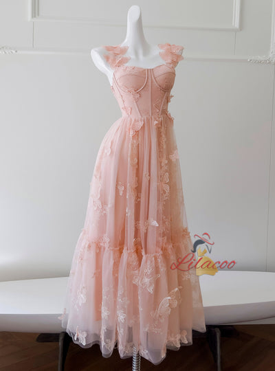 Orange Pink Tulle Lace Butterfly Prom Dress
