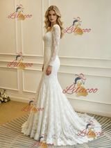 Beige White Lace Long Sleeve Wedding Dress