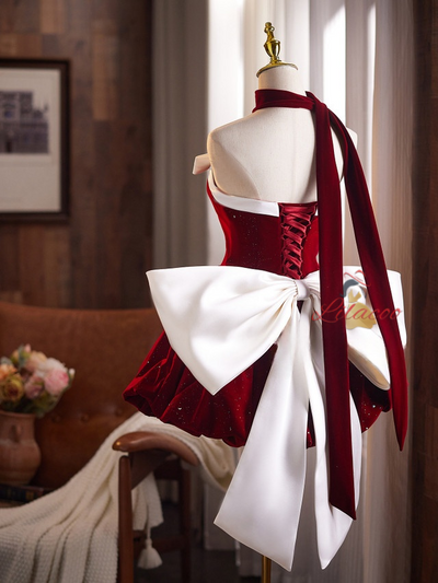Burgundy Velvet Strapless Bow Homecoming Dress