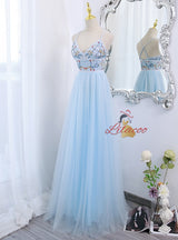 Light Blue Tulle Straps Beading Prom Dress