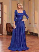 Blue Sequins Long Sleeve Prom Dress