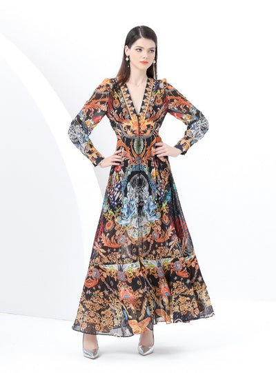 Retro Deep V-neck Floral Long Two-piece Dress